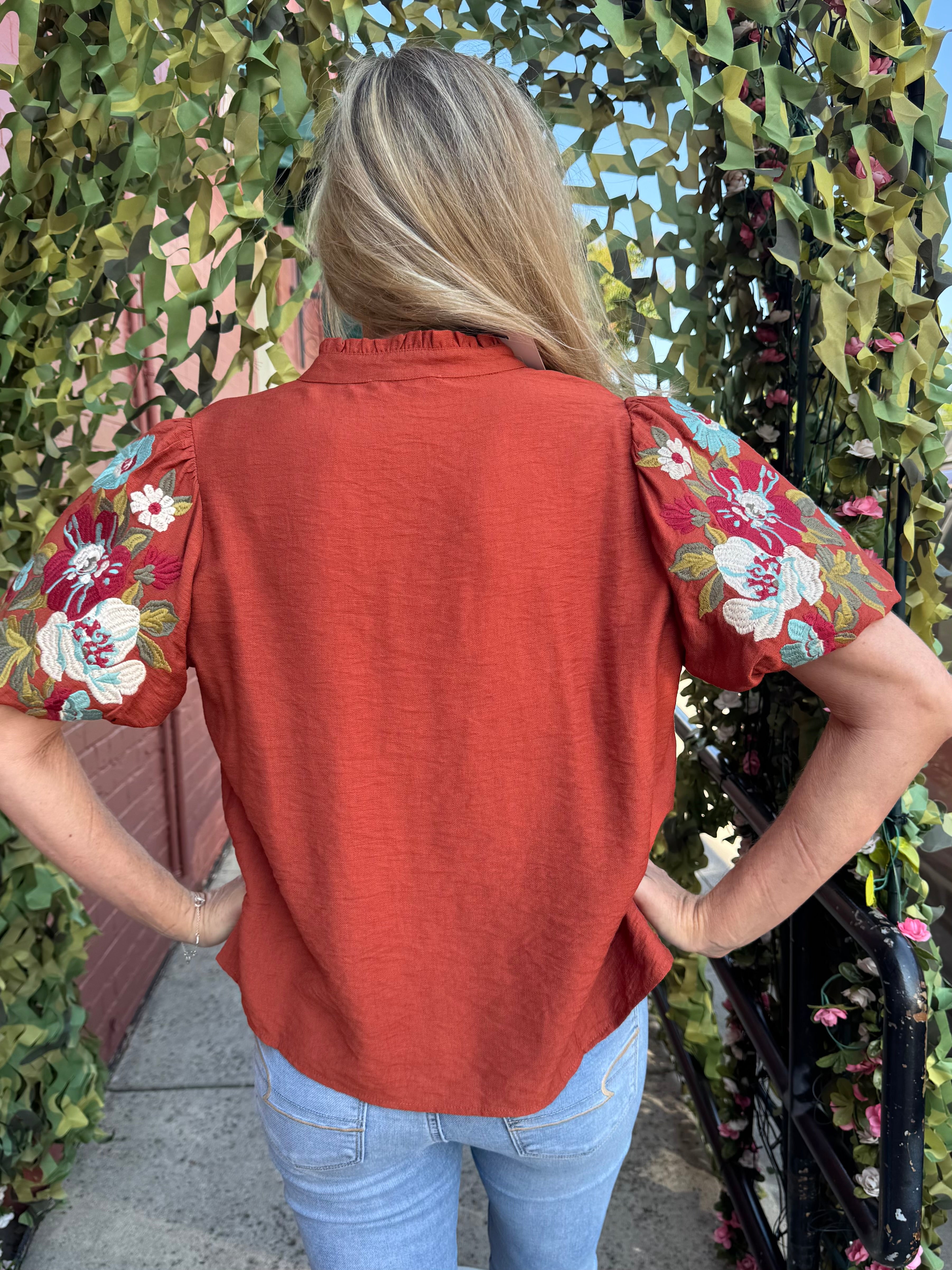 THML Floral Embroidered Sleeve VNeck Top in rust at Ooh La La! in Grapevine TX 76051