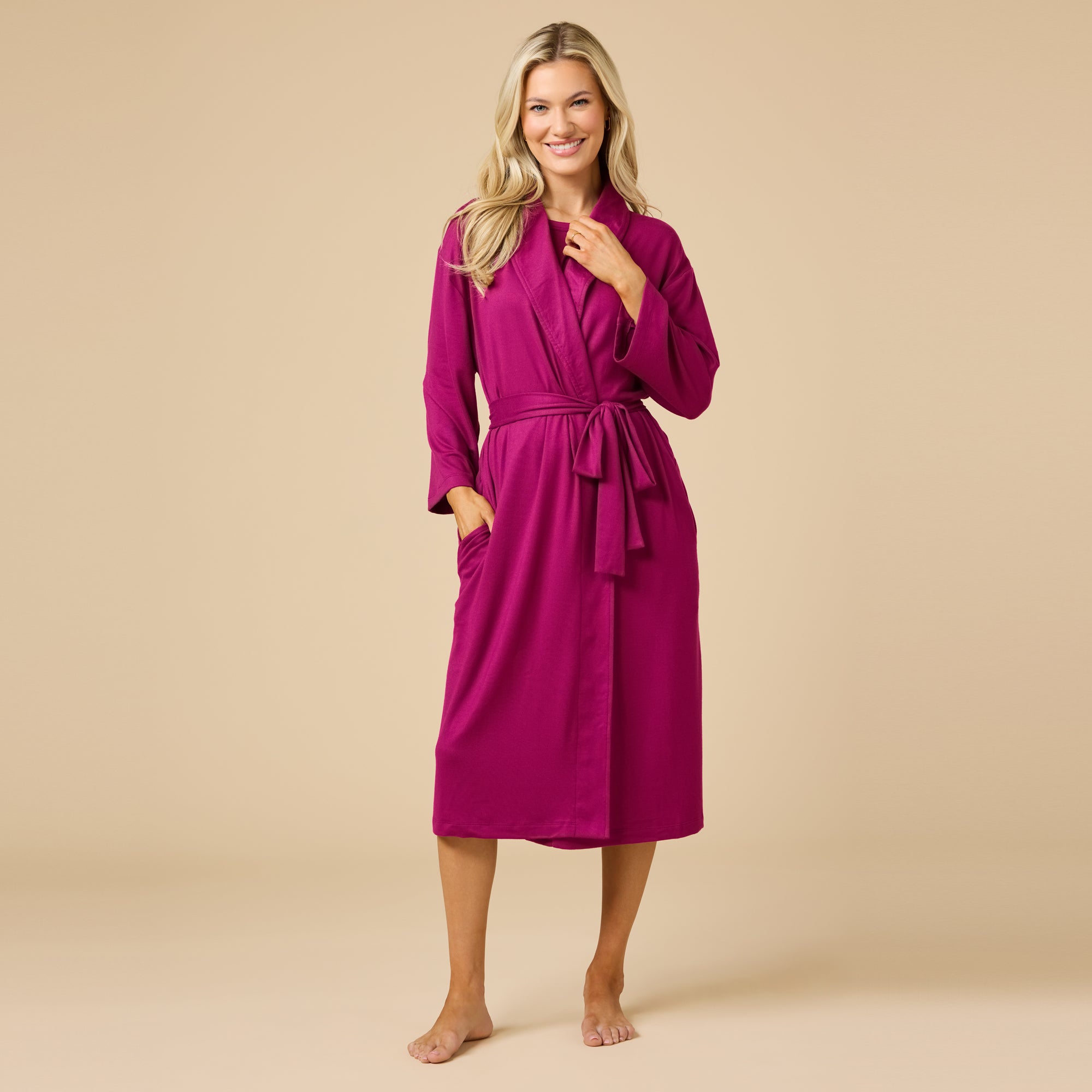 Woman wearing Softies Dream Shawl Collar Robe in magenta at ooh la la! in Grapevine TX 76051