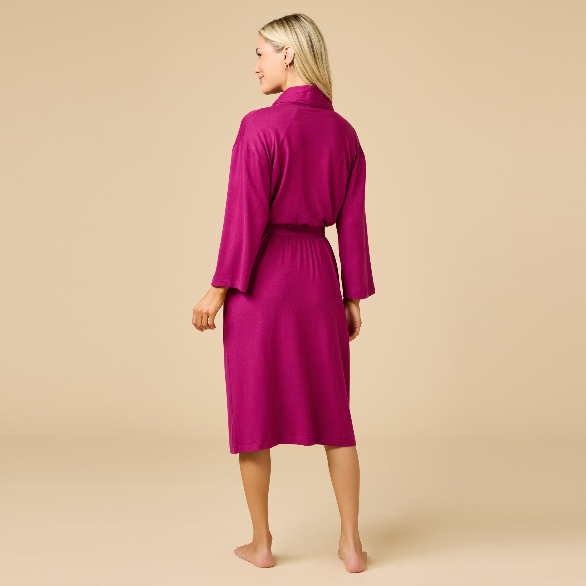 Woman wearing Softies Dream Shawl Collar Robe in magenta at ooh la la! in Grapevine TX 76051