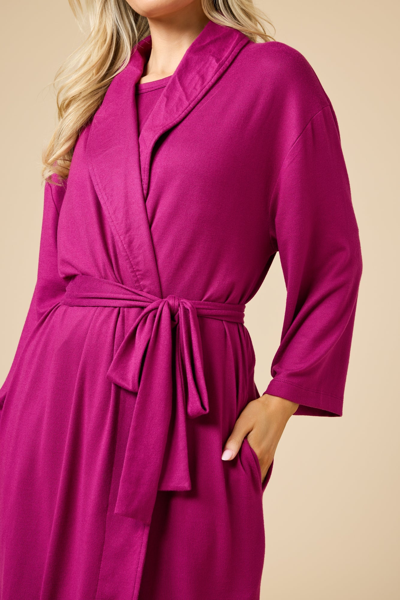 Woman wearing Softies Dream Shawl Collar Robe in magenta at ooh la la! in Grapevine TX 76051