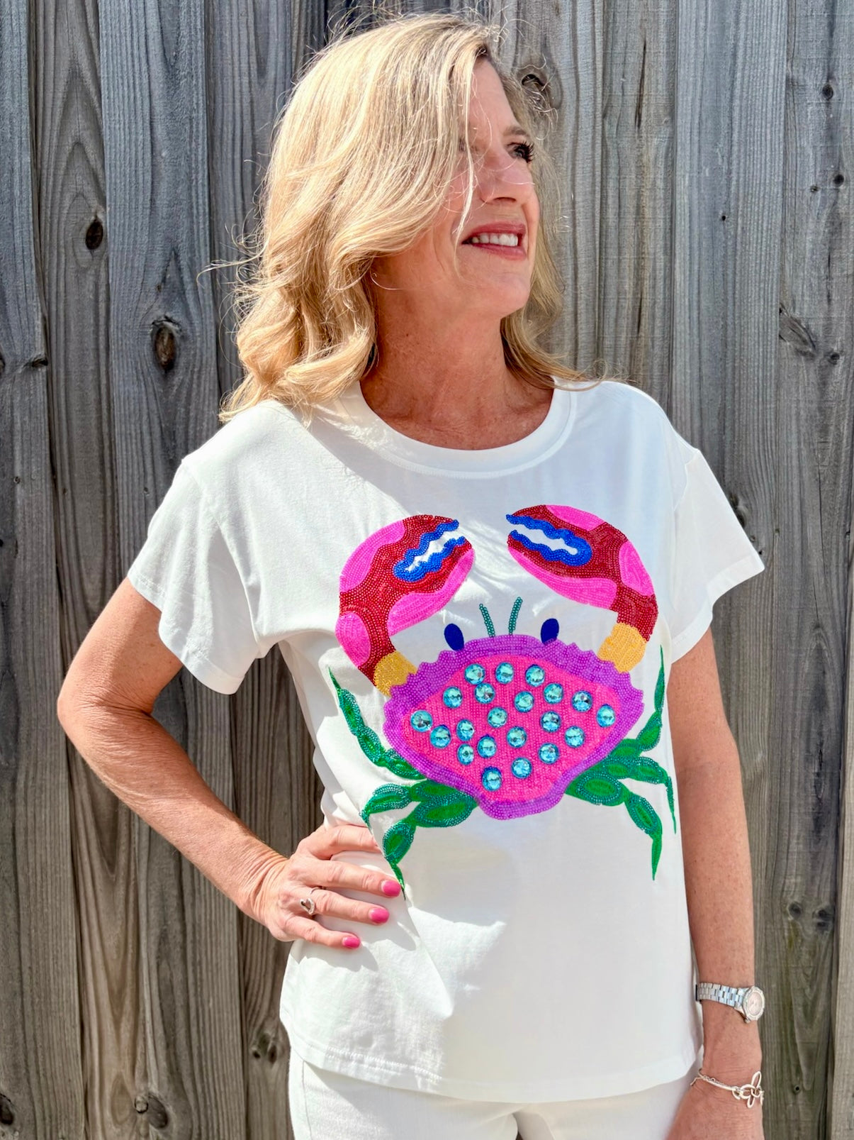 Queen of Sparkles, Sequin Crab Tee, Rainbow Sequin Shirt, Coastal Chic Apparel, Luxury Graphic Tee, Rhinestone Crab Top, Beach Vacation Outfit, Designer White Tee, Summer Sparkle Fashion. at ooh la la! in Grapevine TX 76051