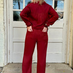 Aeson Button-Up Blouse and Harmon pant in Salem’s Door (burgundy) at ooh la la! in Grapevine TX 76051