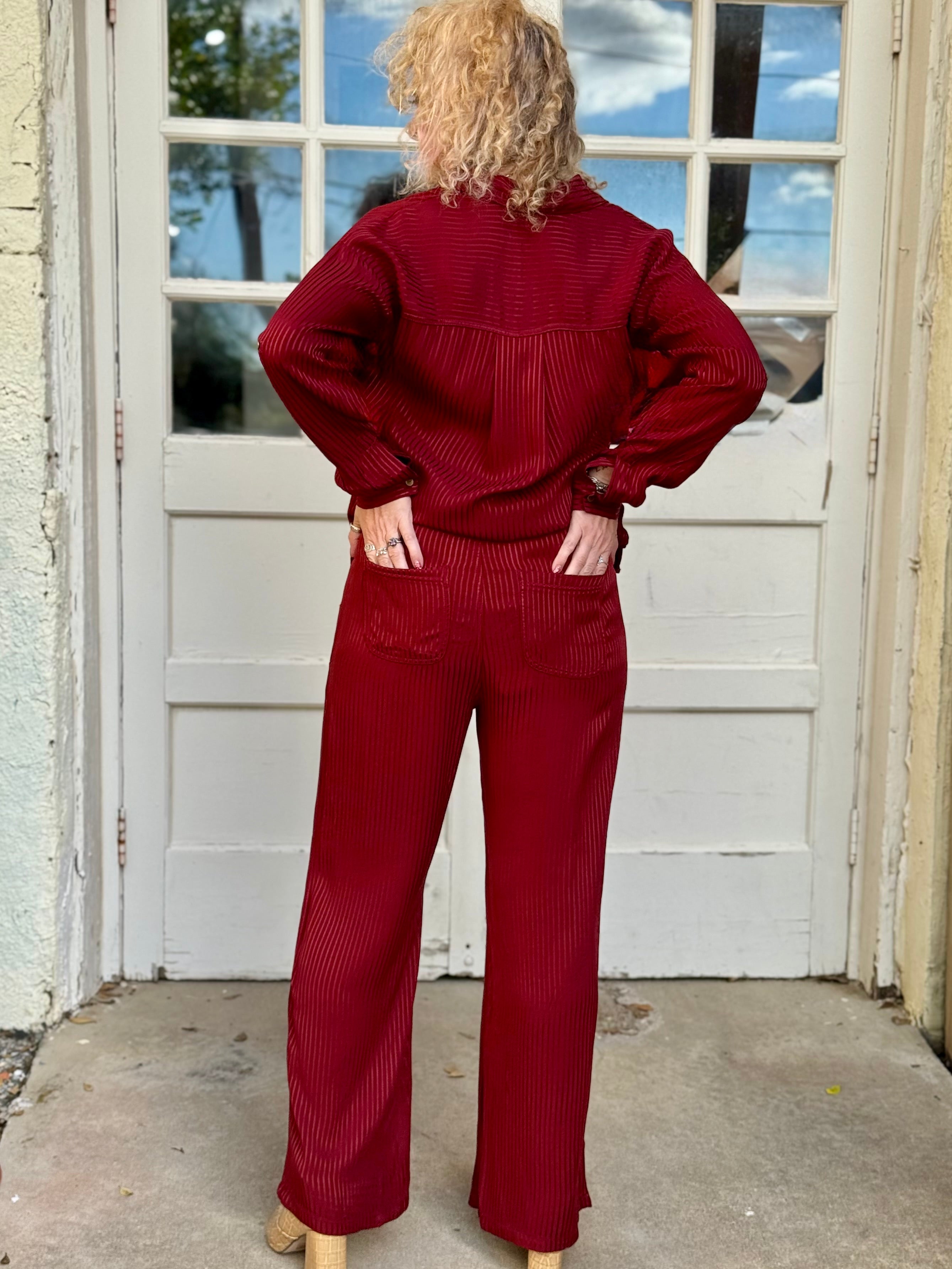 Aeson Button-Up Blouse and Harmon pant in Salem’s Door (burgundy) at ooh la la! in Grapevine TX 76051