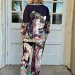 Satin Village Print Pant In black at ooh la la! in Grapevine TX 76051