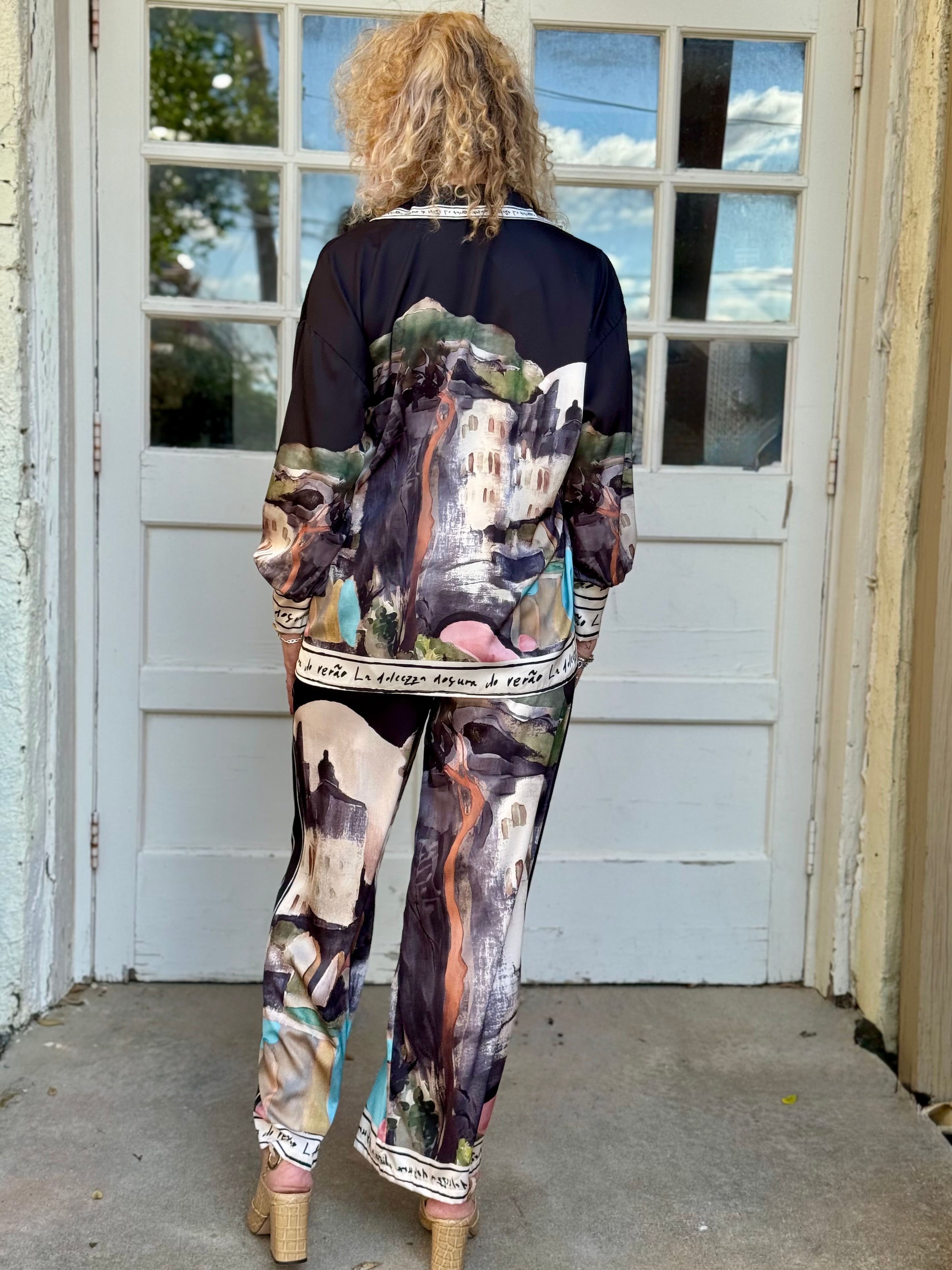 Satin Village Print Pant In black at ooh la la! in Grapevine TX 76051