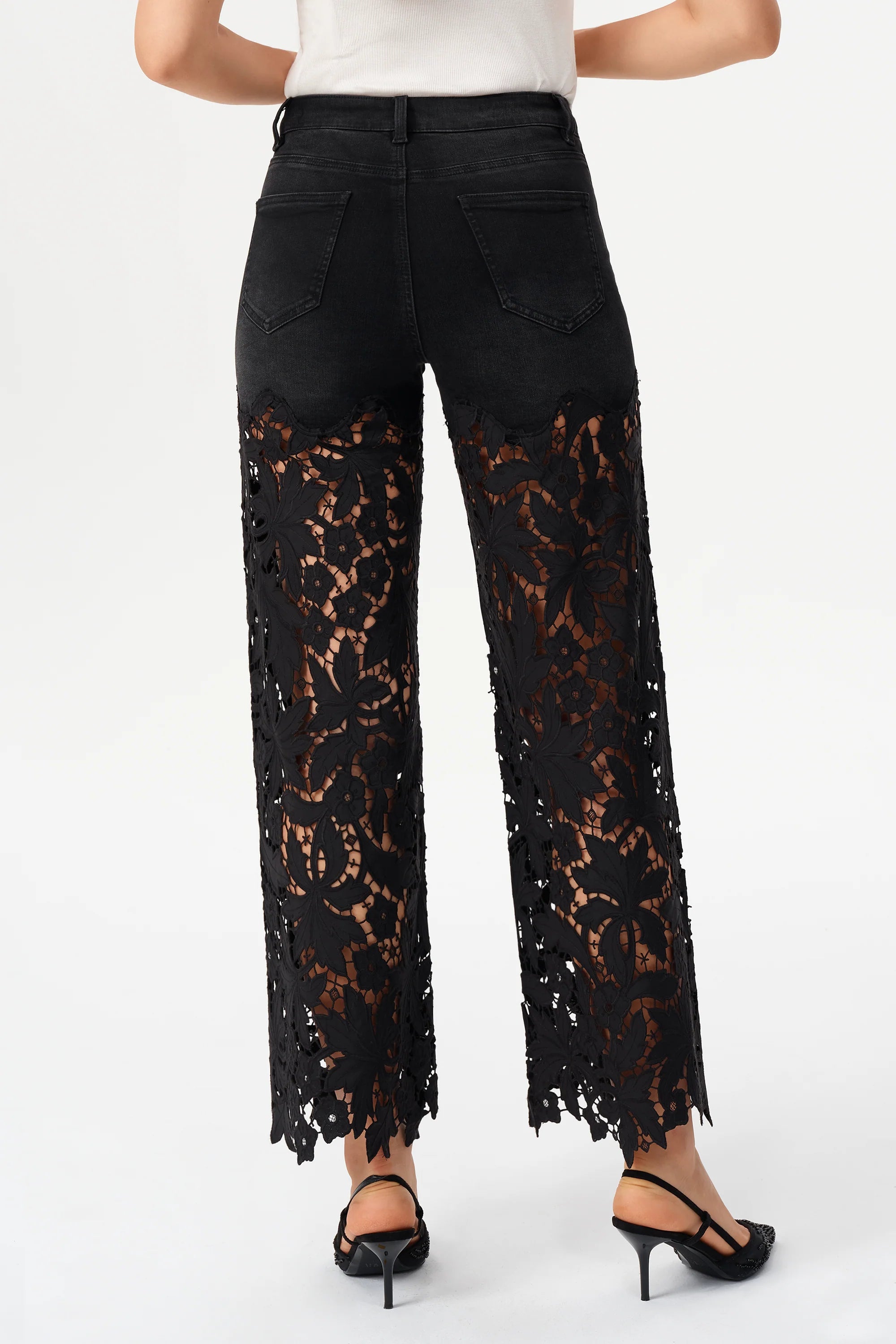 Bayeas High Rise Embroidered Floral Lace Wide Leg Jeans in Inkgauze black at ooh la la! in Grapevine TX 76051