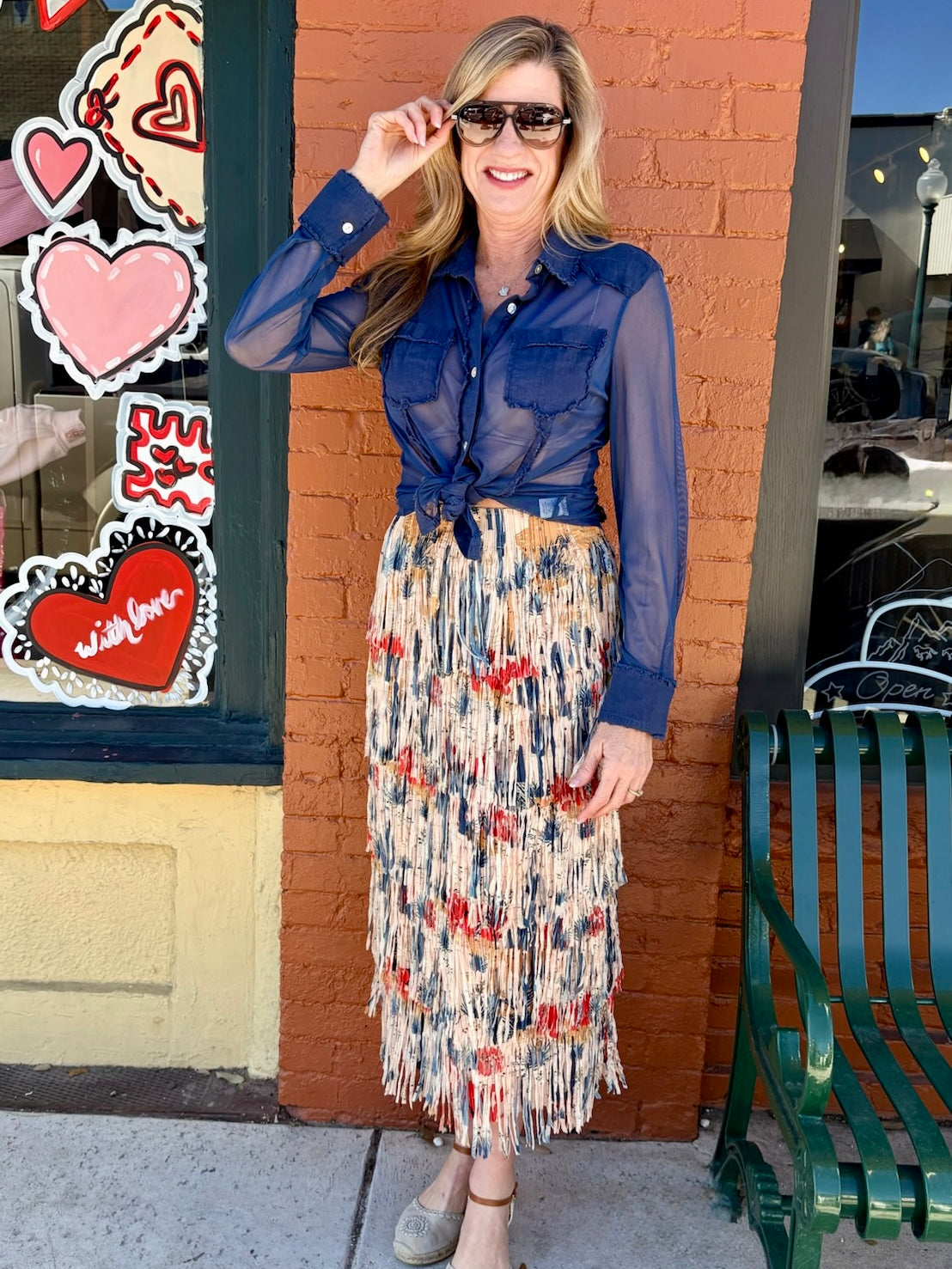Printed Fringe Midi Skirt in Tan Cactus Flower at ooh la la! in Grapevine TX 76051