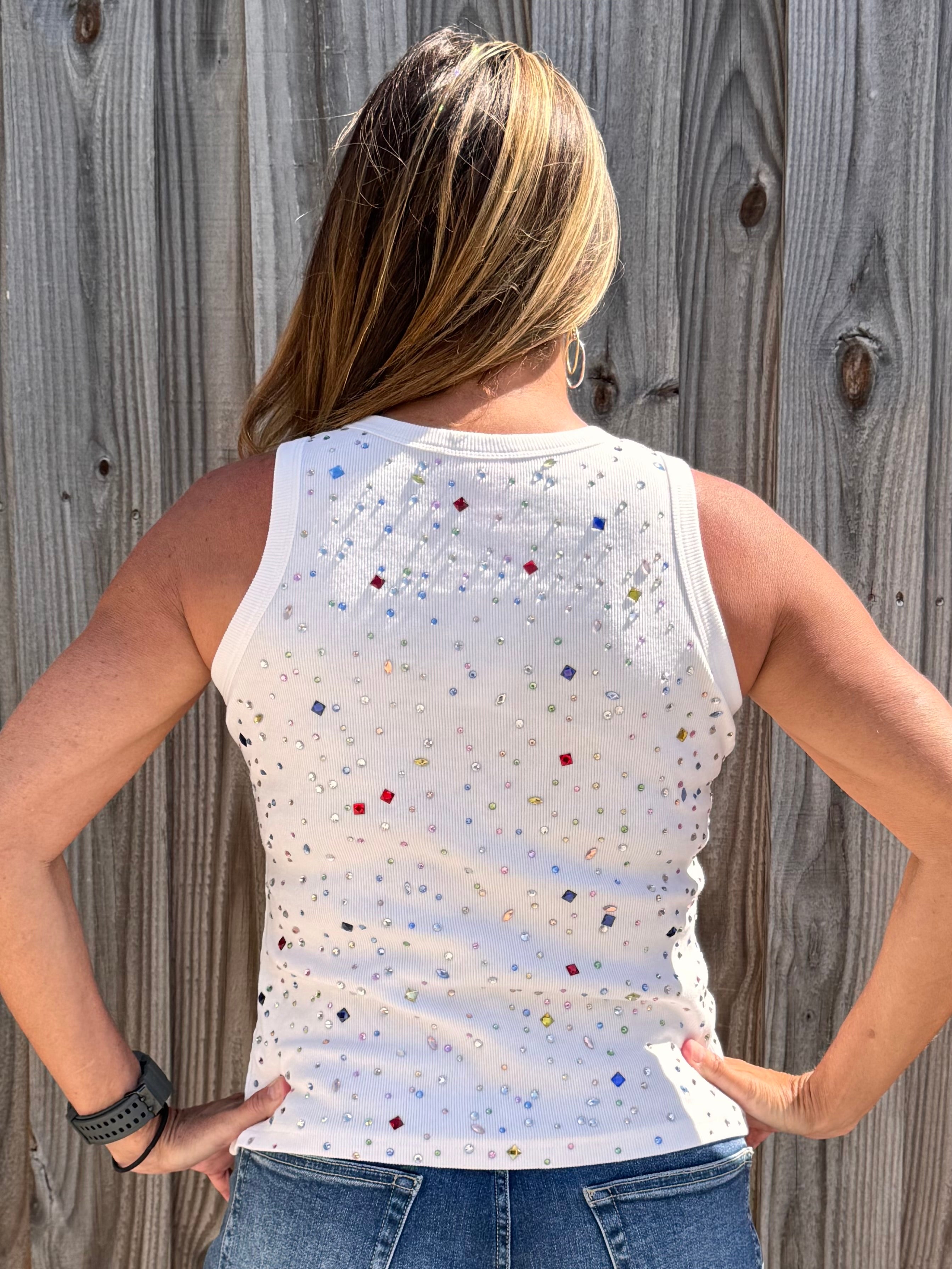 Queen of Sparkles, rhinestone tank top, multi color crystal top, white sparkle shirt, party tank top, designer embellished top, Queen of Sparkles apparel, luxury boutique tops, colorful rhinestone bodice. at ooh la la! in Grapevine TX 76051