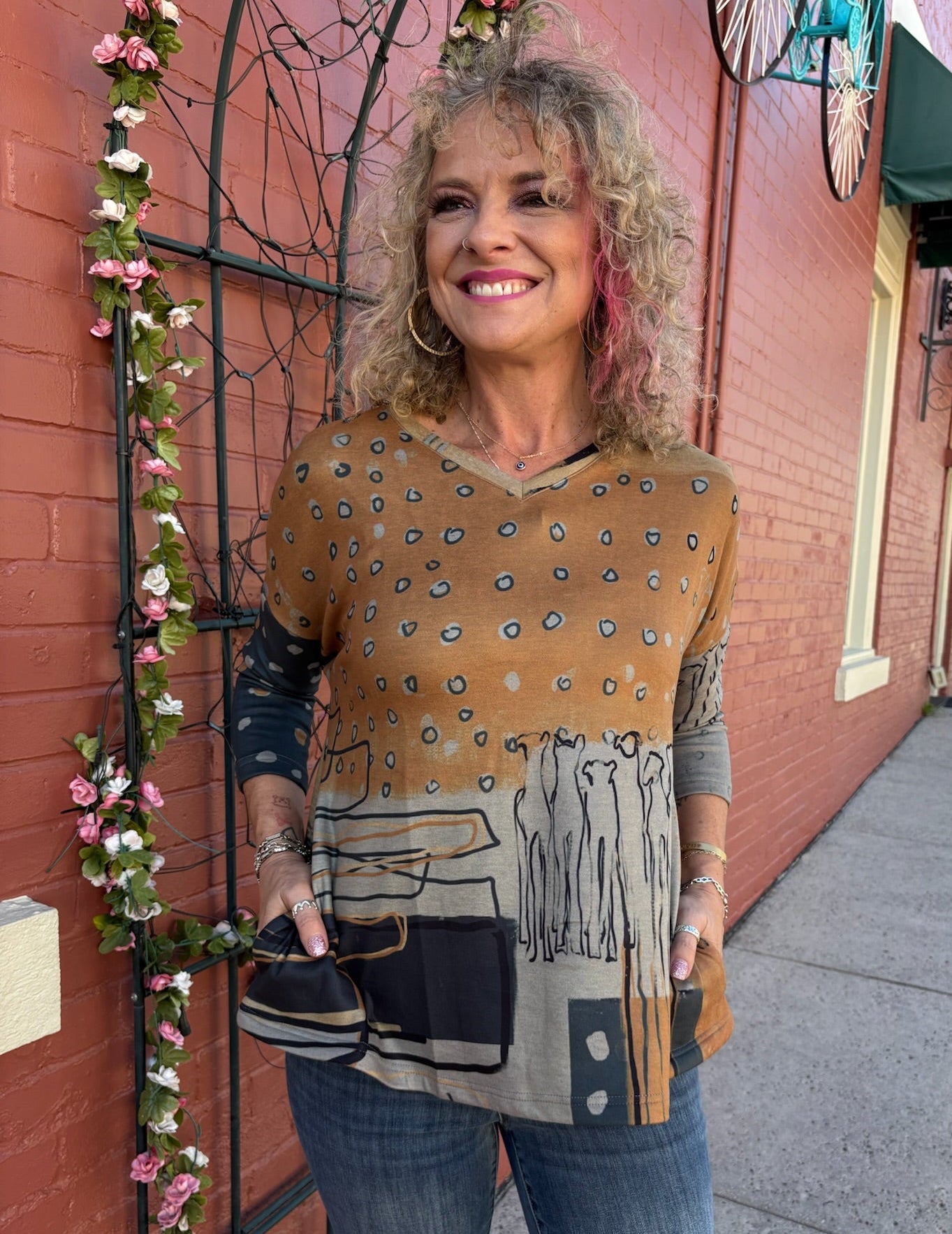 Knit V-neck Tunic in Camel/Grey melange at ooh la la! in Grapevine TX 76051