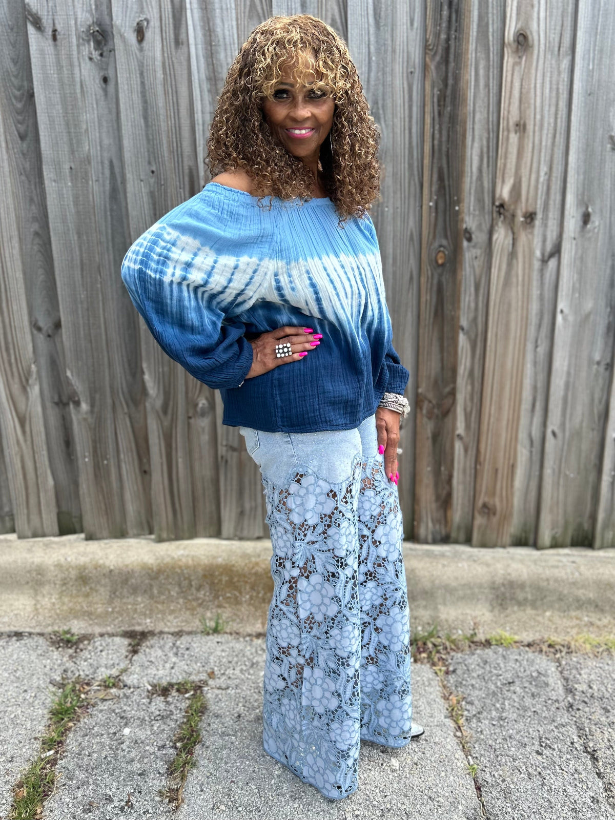 Wide Leg Daisy Lace Bottom Sparkly Jeans at ooh la la! in Grapevine TX 76051