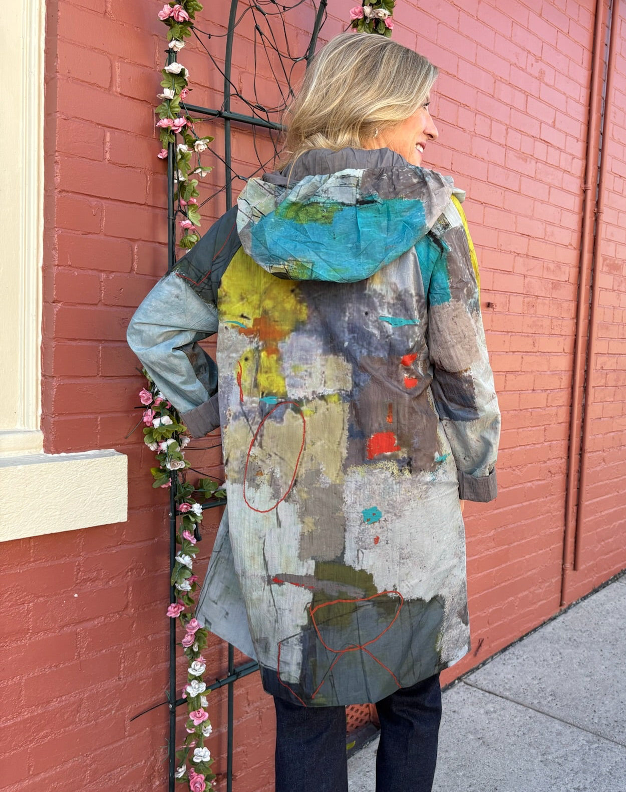 Reversible Hooded Rain Coat In multi blocks/taupe at ooh la la! in Grapevine TX 76051