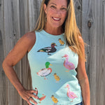 Queen of Sparkles, sequin duck tank, aqua tank top, mallard sequin shirt, boutique fashion, designer tank top, whimsical women's clothing, sequin animal top. at ooh la la! in Grapevine TX 76051