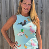 Queen of Sparkles, sequin duck tank, aqua tank top, mallard sequin shirt, boutique fashion, designer tank top, whimsical women's clothing, sequin animal top. at ooh la la! in Grapevine TX 76051