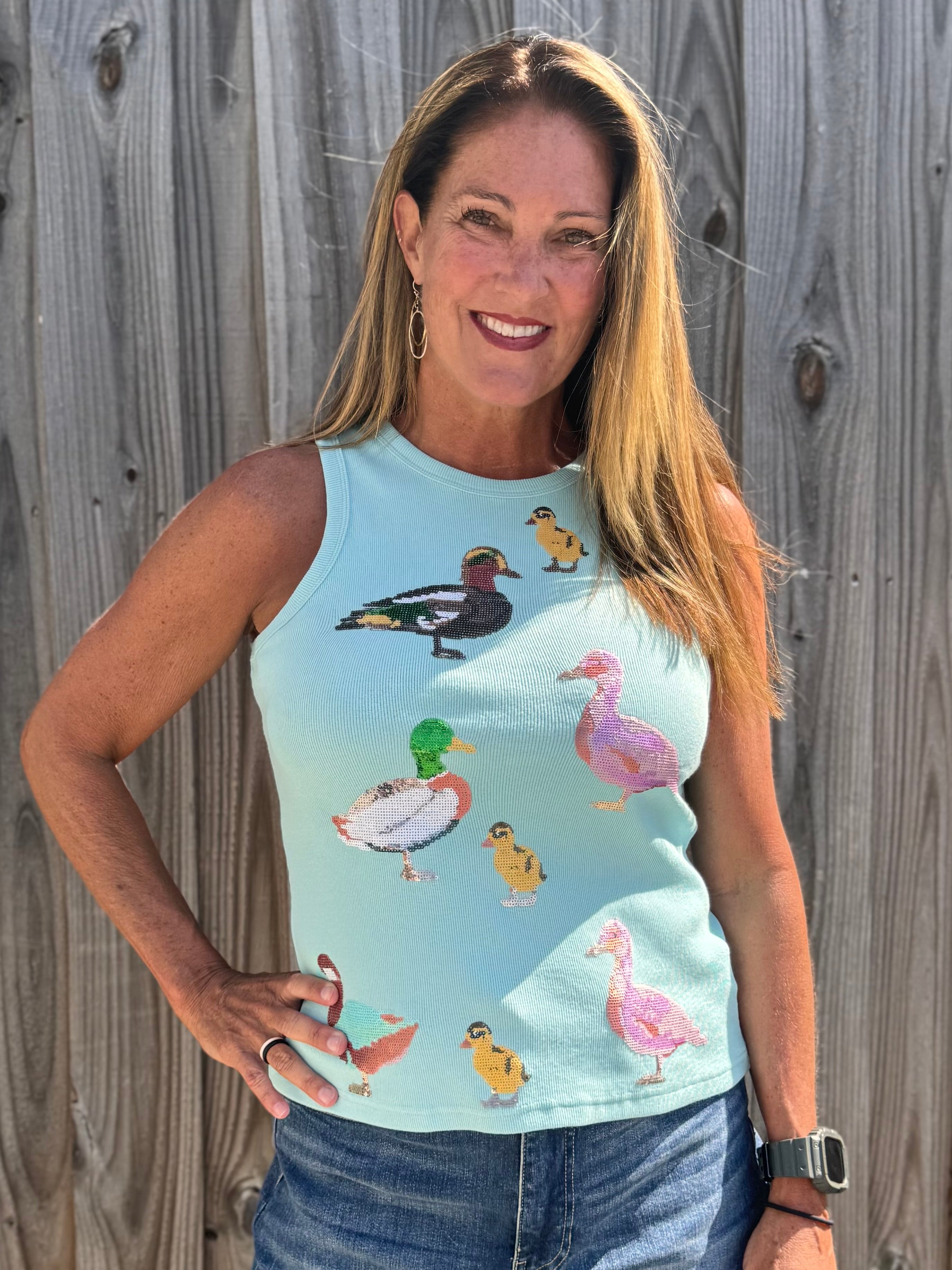 Queen of Sparkles, sequin duck tank, aqua tank top, mallard sequin shirt, boutique fashion, designer tank top, whimsical women's clothing, sequin animal top. at ooh la la! in Grapevine TX 76051