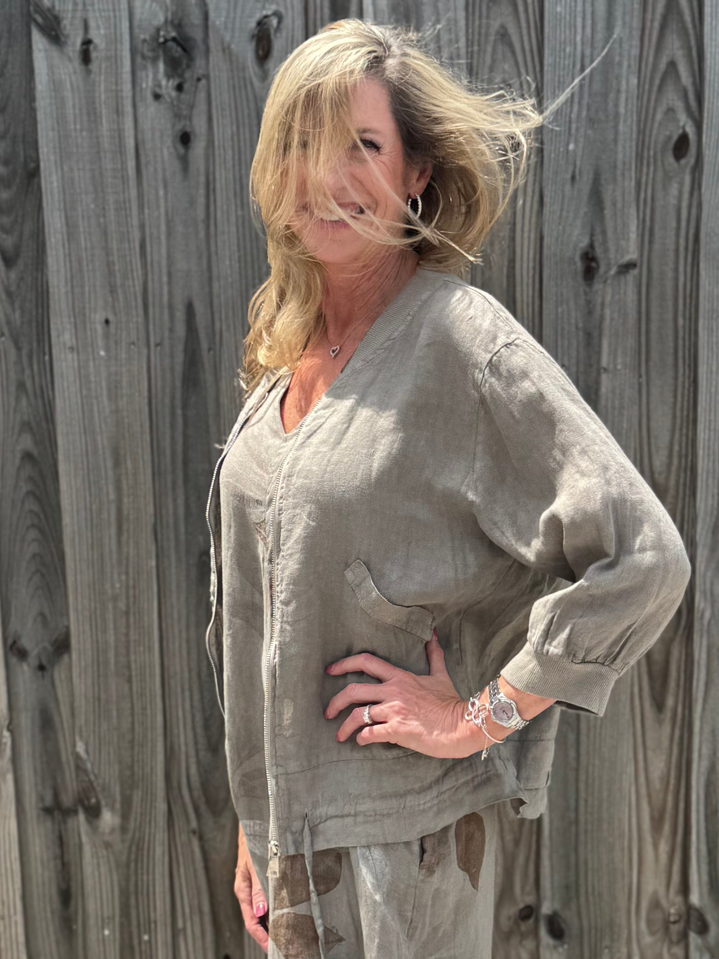 Linen Bomber Jacket in taupe at ooh la la! in Grapevine TX 76051