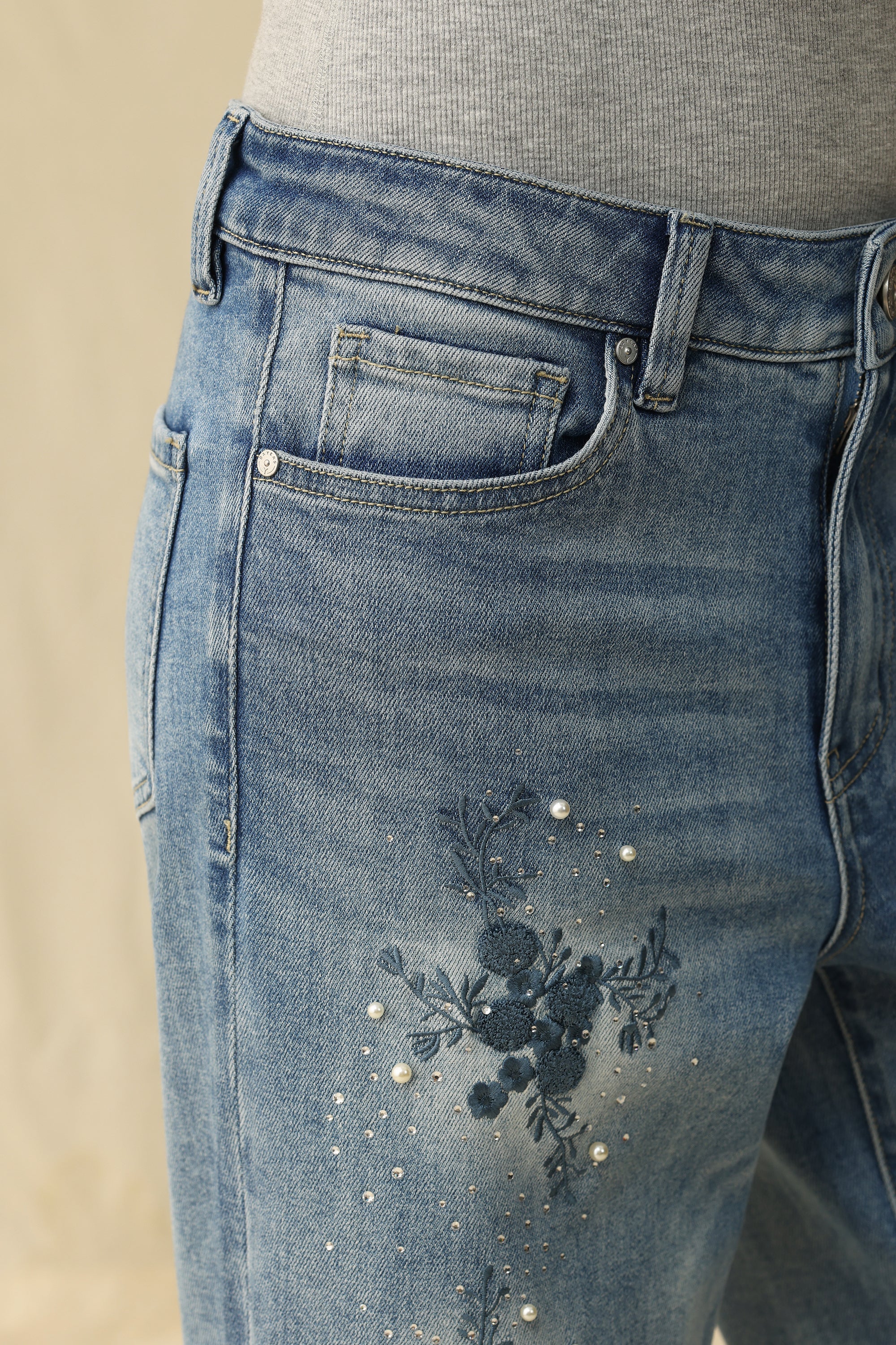 Bayeas High Rise Embroidered Embellished Wide Leg Jeans in light blue at ooh la la! in Grapevine TX 76051