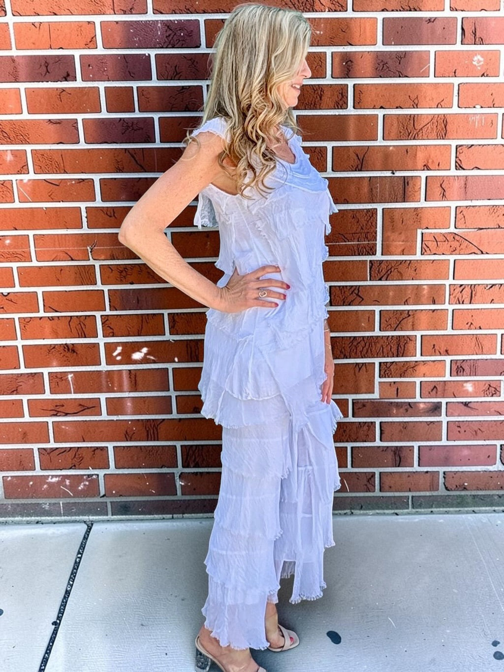 Made in Italy Silk Ruffle Pants in White at ooh la la! in Grapevine TX 76051