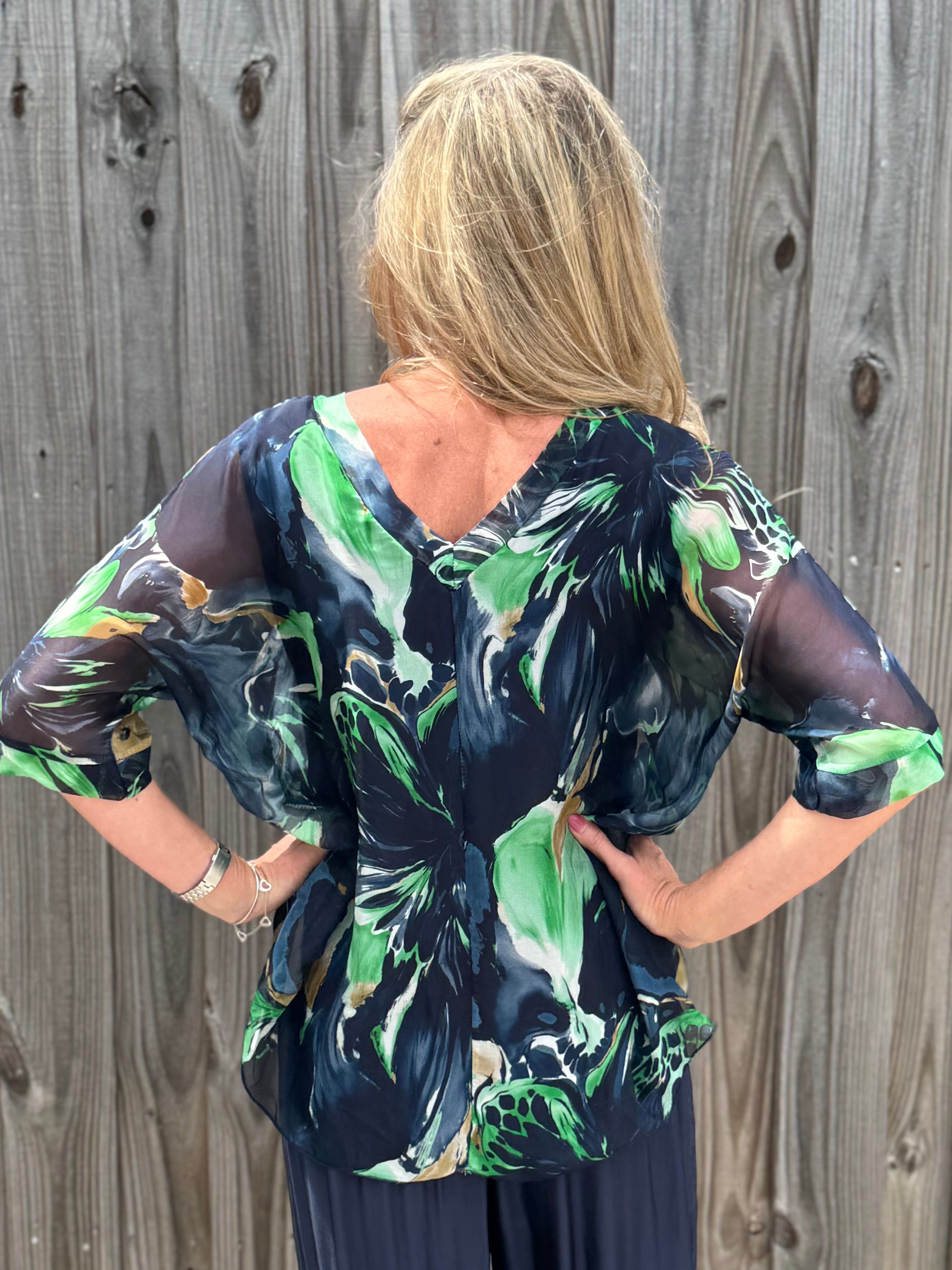 Watercolor Leaves Silk VNeck Blouse in navy at ooh la la! in Grapevine TX 76051