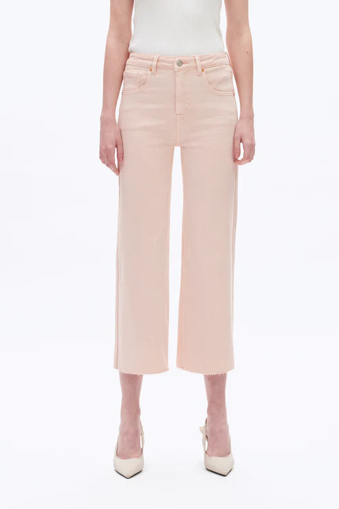 Pale dogwood jeans, high rise wide leg crop, raw hem denim, pink wide leg jeans, super stretch cropped jeans, women's spring denim, pastel wide leg pants, comfortable stretch jeans. at ooh la la! in Grapevine TX 76051