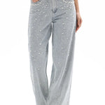 Berlin barrel jeans, pearl embellished denim, rhinestone jeans, high waisted barrel jeans, light blue women's jeans, luxury denim statement, Lyocell blend jeans, trendy embellished pants at ooh la la! in Grapevine TX 76051
