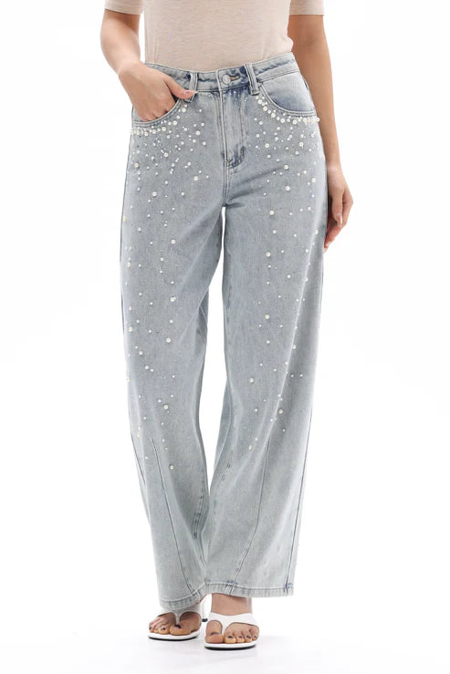 Berlin barrel jeans, pearl embellished denim, rhinestone jeans, high waisted barrel jeans, light blue women's jeans, luxury denim statement, Lyocell blend jeans, trendy embellished pants at ooh la la! in Grapevine TX 76051