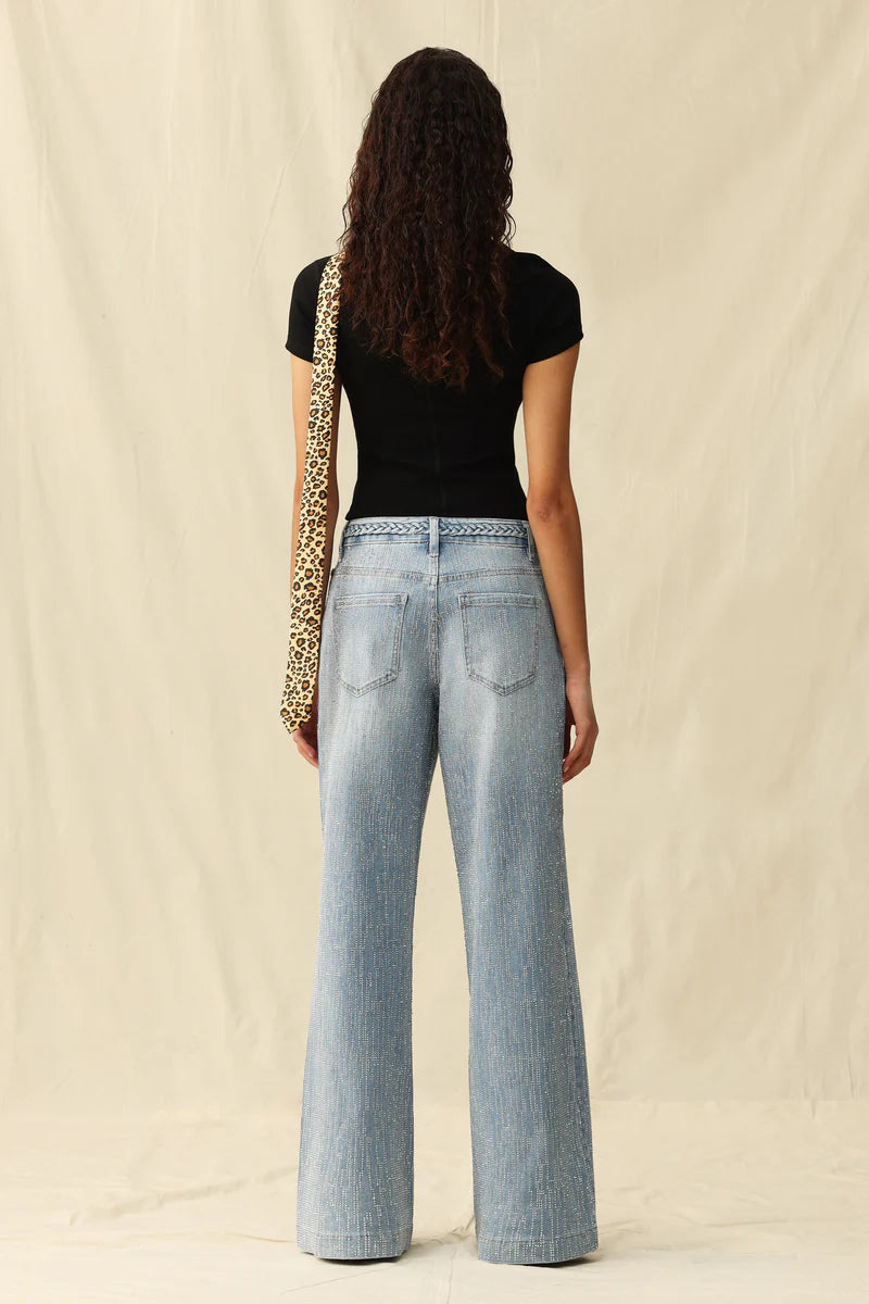 rhinestone jeans, wide leg denim, sparkly party pants, mid-rise embellished jeans, women's statement denim, light wash flare jeans, crystal encrusted jeans 
ooh la la! in Grapevine TX 76051