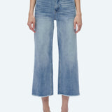 High-rise wide-leg cropped jeans in light blue denim with raw hem