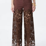 High Rise Embroidered Lace Wide Leg Jeans with Rhinestones in Chocolate Brown at ooh la la! in Grapevine TX 76051