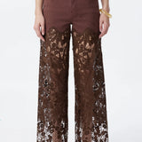 High Rise Embroidered Lace Wide Leg Jeans with Rhinestones in Chocolate Brown at ooh la la! in Grapevine TX 76051