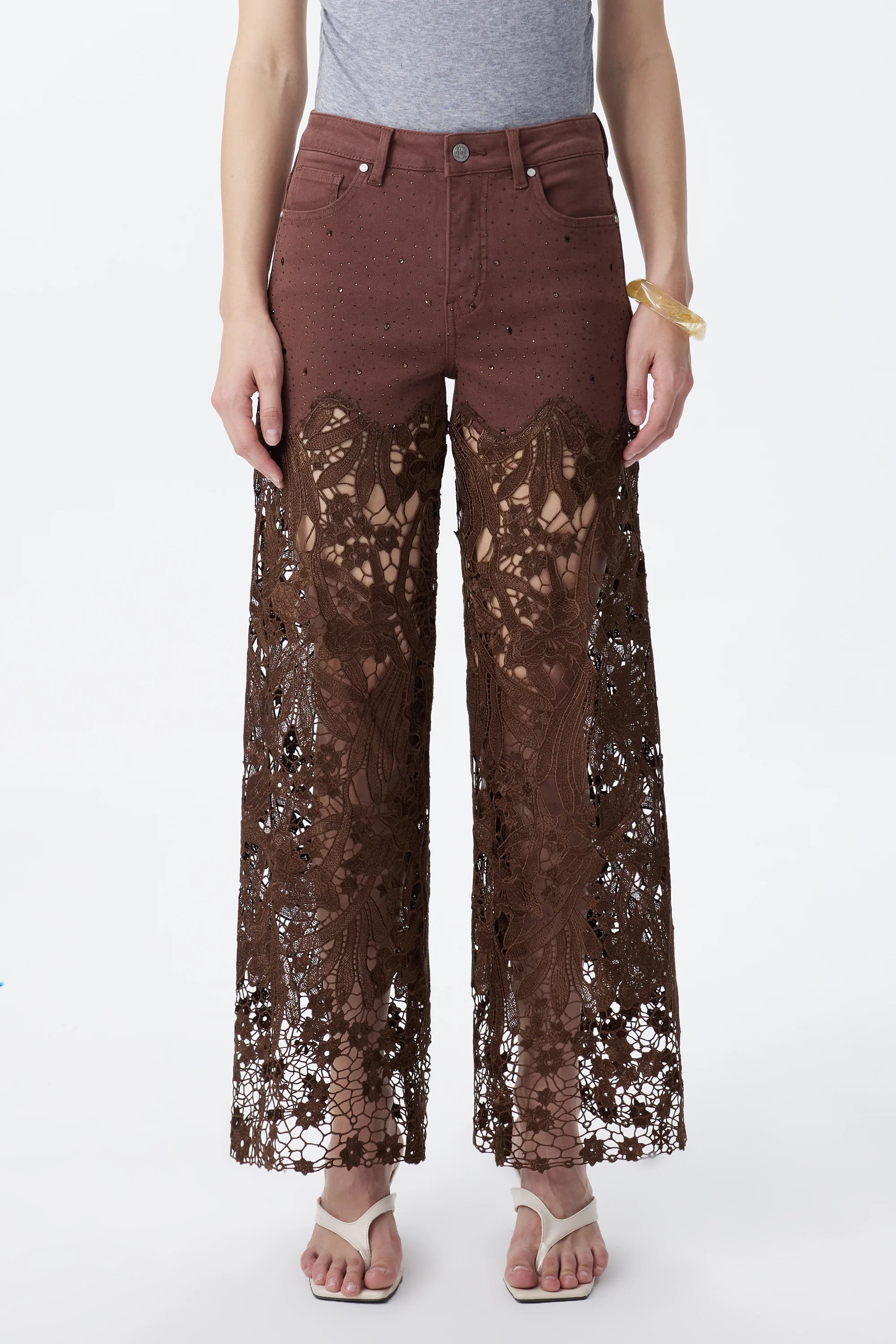 High Rise Embroidered Lace Wide Leg Jeans with Rhinestones in Chocolate Brown at ooh la la! in Grapevine TX 76051