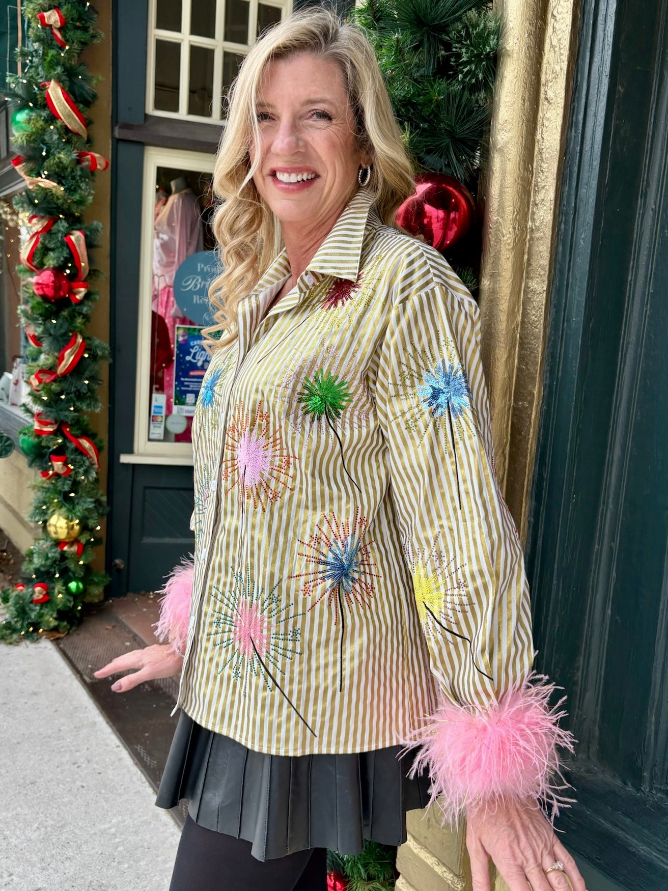 Queen of Sparkles Gold Stripe Multi Sparkler Button Up Top with Pink Feather Sleeves at ooh la la! in Grapevine TX 76051