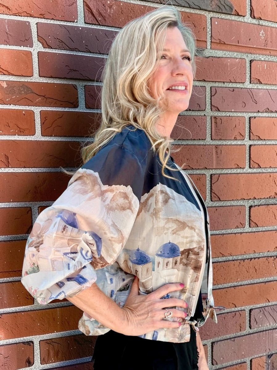 Santorini Print Sheer Bomber Jacket in black at ooh la la! in Grapevine TX 76051