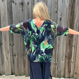 Watercolor Leaves Silk VNeck Blouse in navy at ooh la la! in Grapevine TX 76051