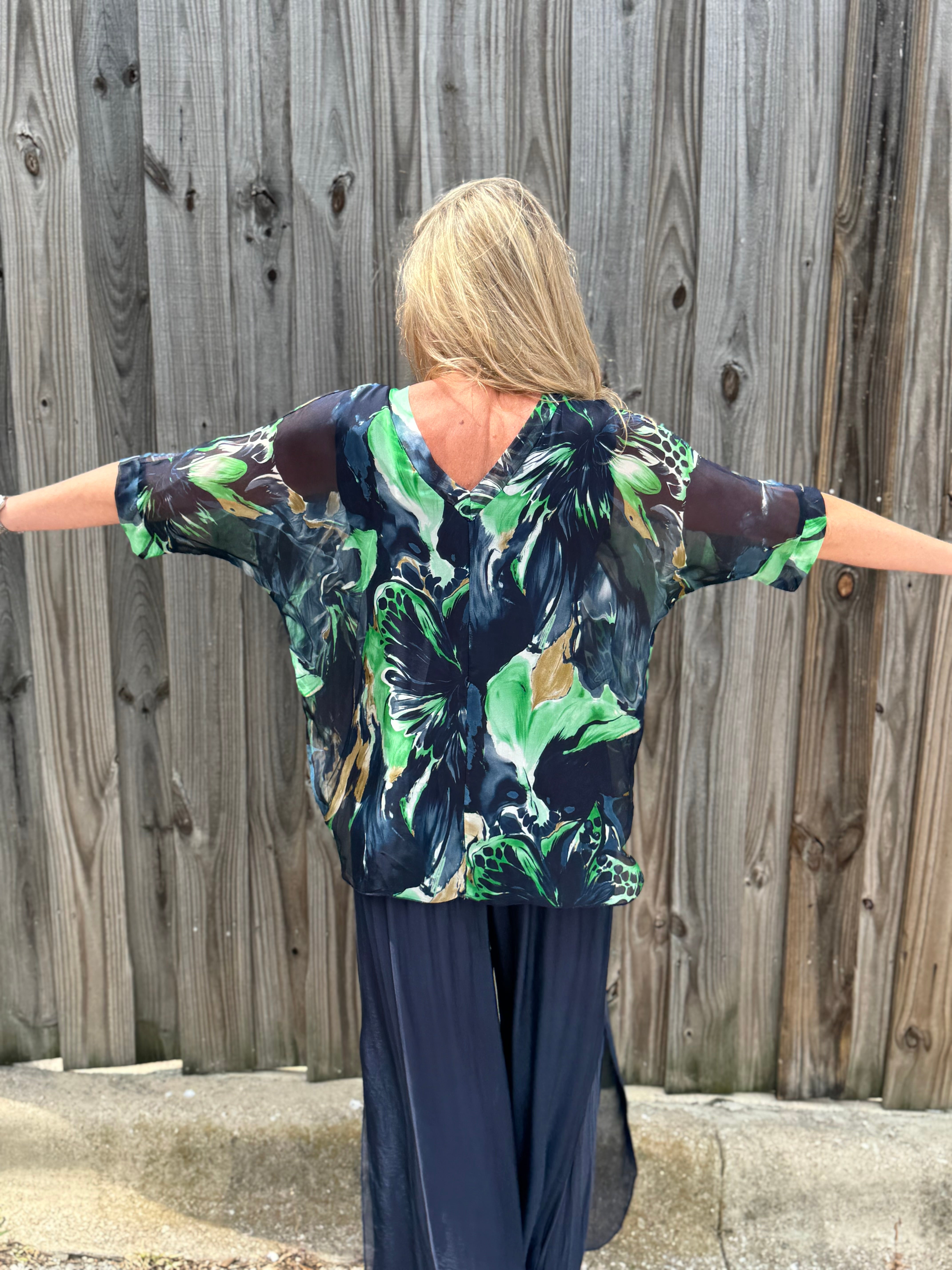 Watercolor Leaves Silk VNeck Blouse in navy at ooh la la! in Grapevine TX 76051