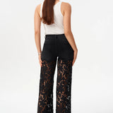 Bayeas High Rise Embroidered Floral Lace Wide Leg Jeans in Inkgauze black at ooh la la! in Grapevine TX 76051