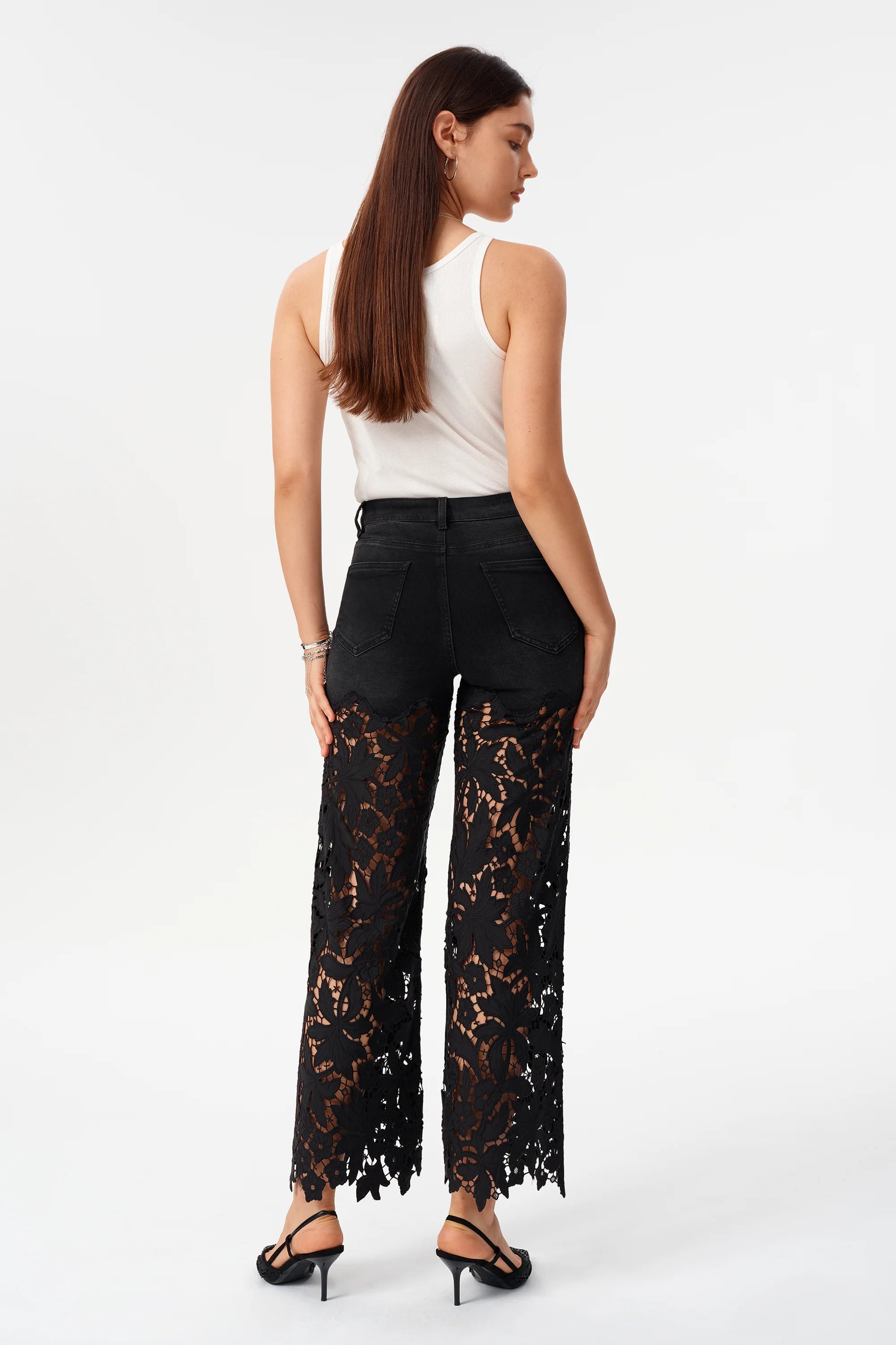 Bayeas High Rise Embroidered Floral Lace Wide Leg Jeans in Inkgauze black at ooh la la! in Grapevine TX 76051