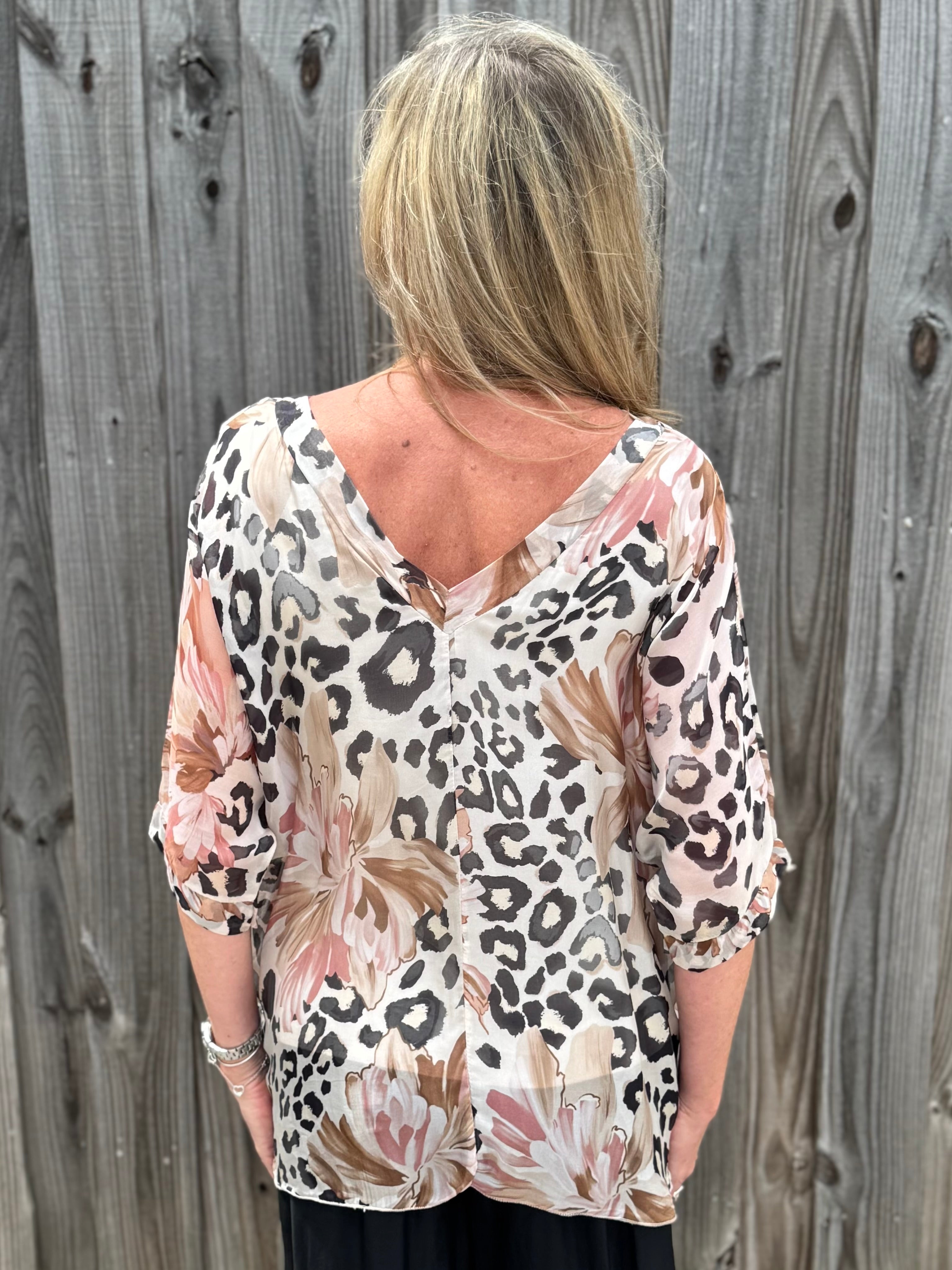 Cheetah Flower Silk VNeck Blouse at ooh la la! in Grapevine TX 76051