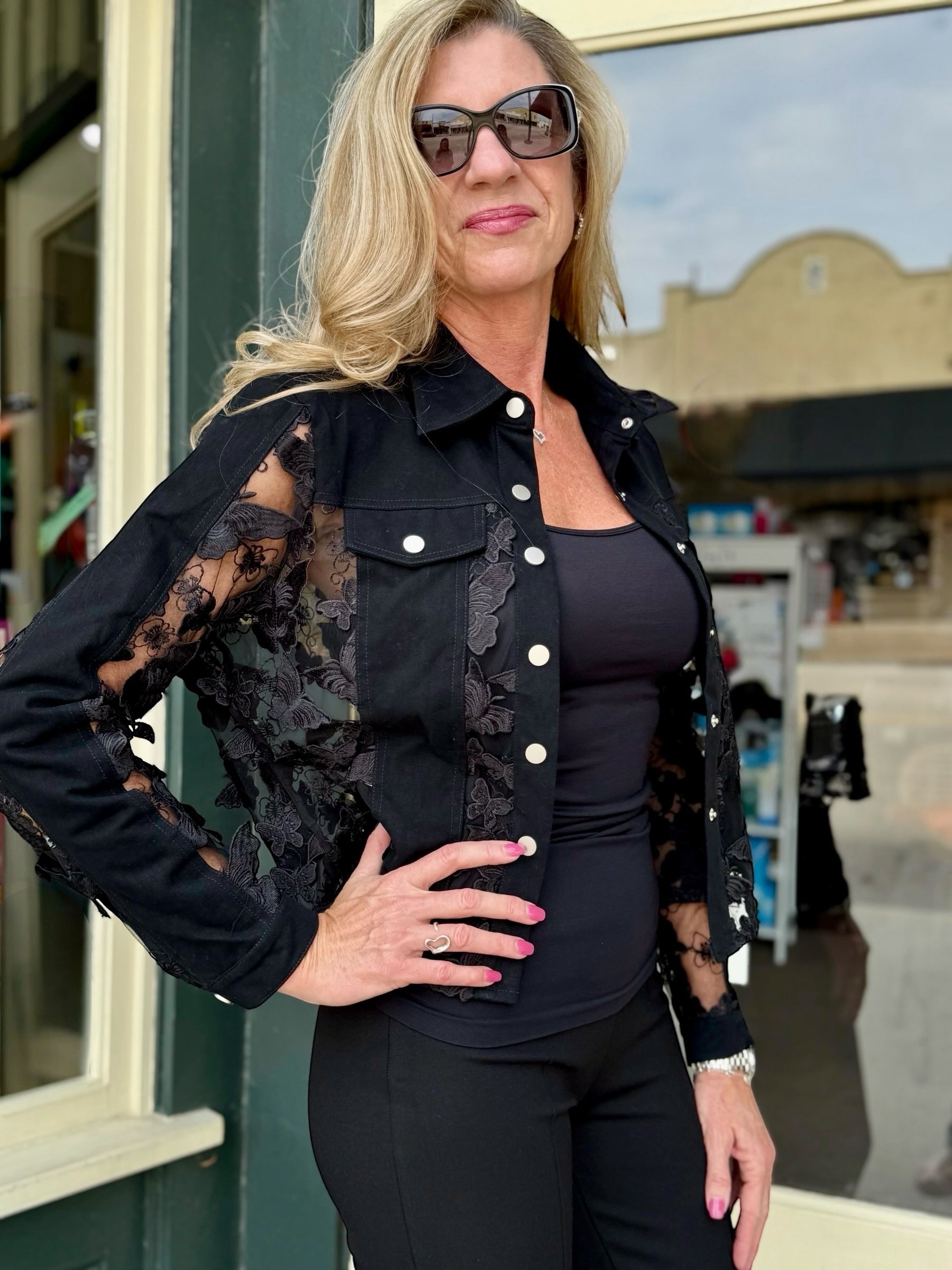 Adore Black Denim & Lace Butterfly Applique Jacket at ooh la la! in Grapevine TX 76051