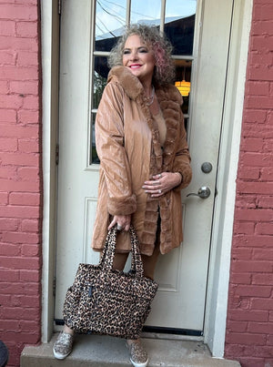 Nikki Jones Reversible Fur/Luster Rain Hooded Coat in Camel at ooh la la! in Grapevine TX 76051