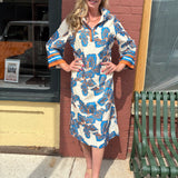 Jade Banded Collar Abstract Fall Leaves Midi Dress at ooh la la! in Grapevine TX 76051