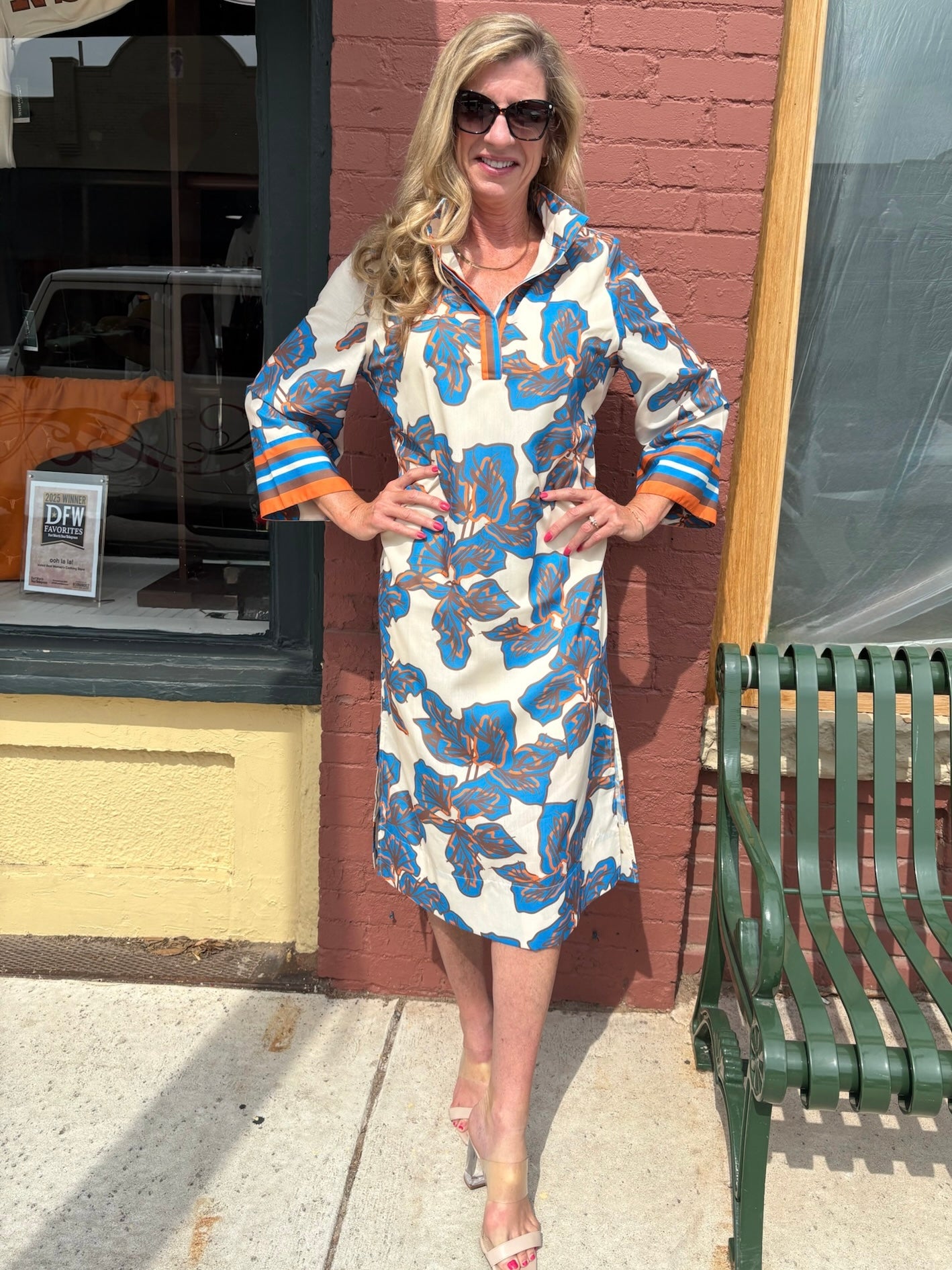 Jade Banded Collar Abstract Fall Leaves Midi Dress at ooh la la! in Grapevine TX 76051