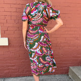 THML Puff Sleeve Print Tiered Midi Dress at Ooh La La! in Grapevine TX 76051