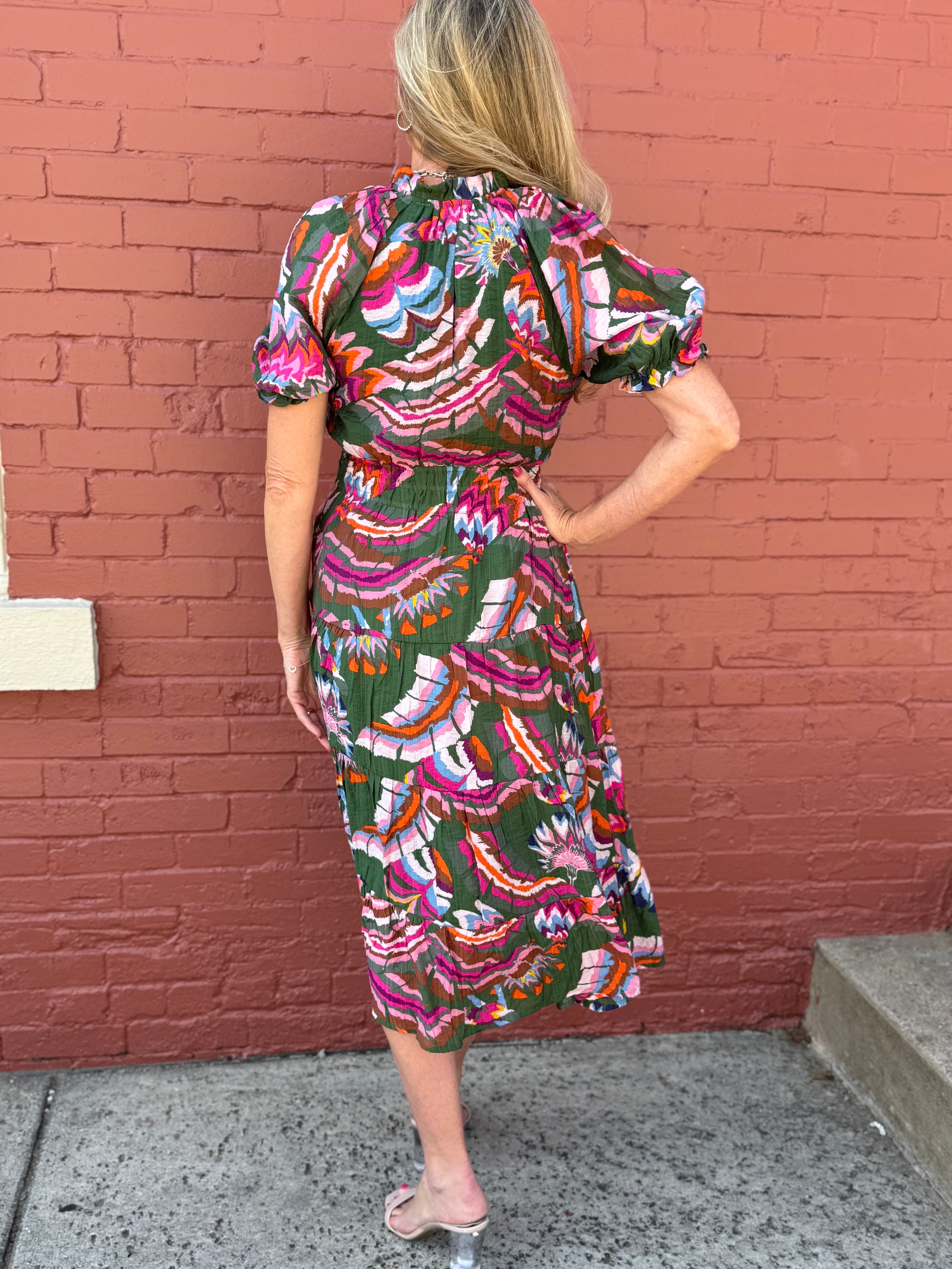 THML Puff Sleeve Print Tiered Midi Dress at Ooh La La! in Grapevine TX 76051