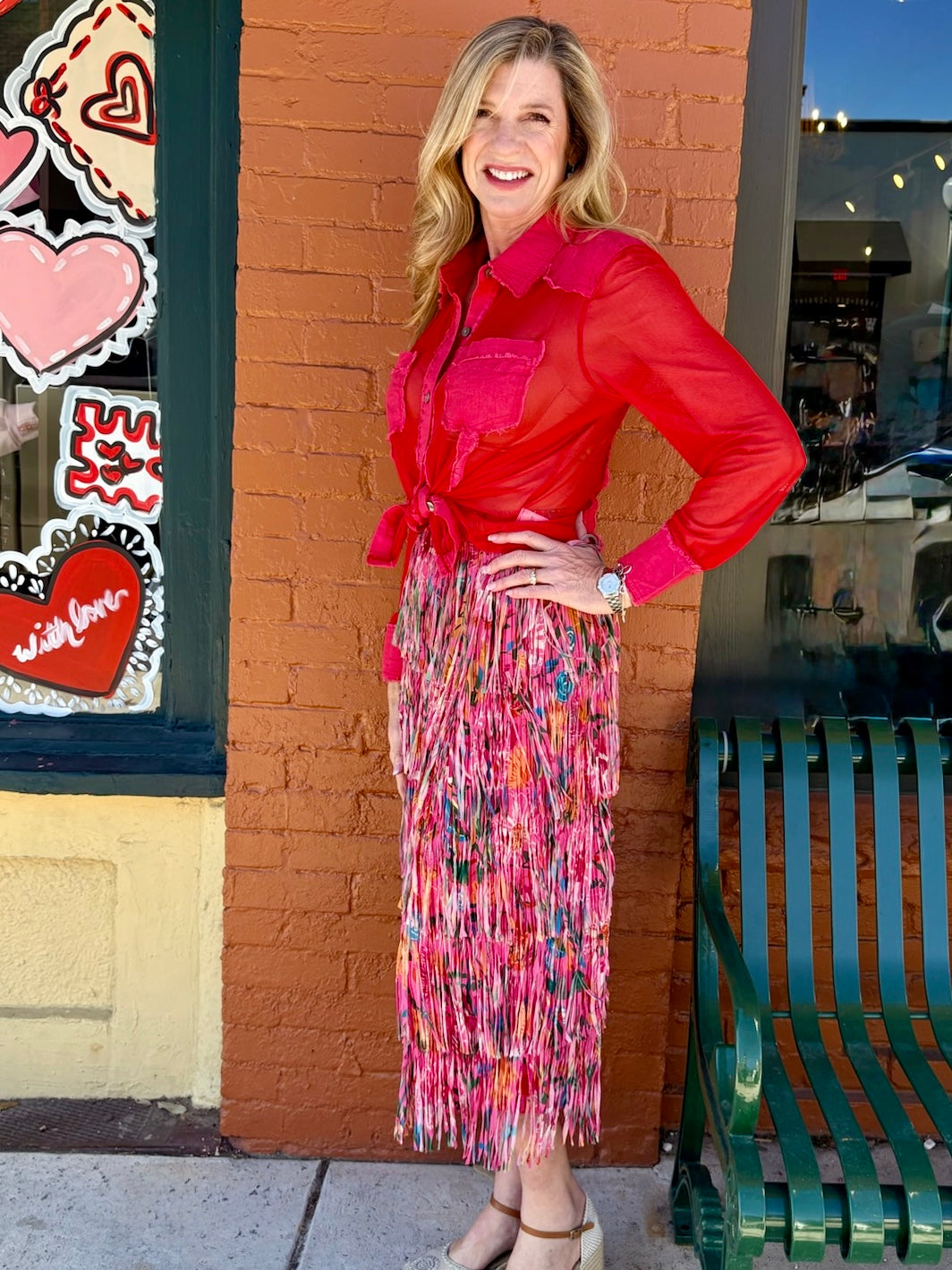 Printed Fringe Midi Skirt in Hot Pink Floral at ooh la la! in Grapevine TX 76051