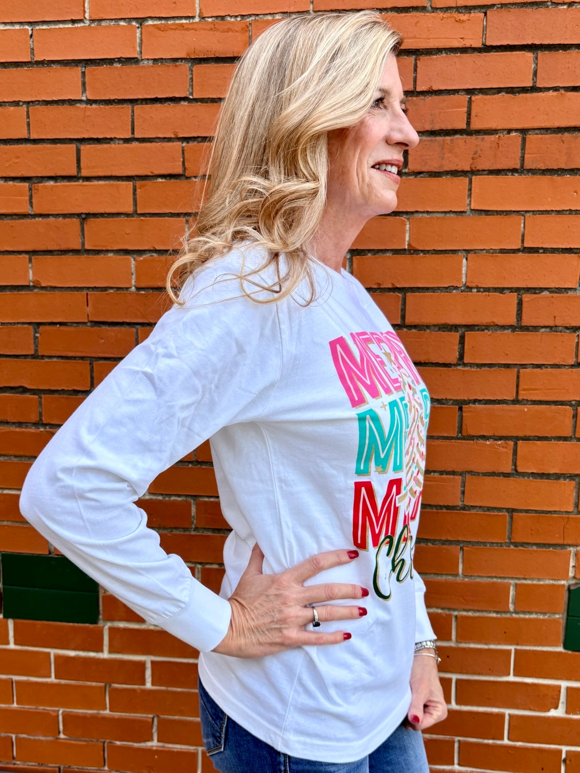 Merry Season Pink Tree Long Sleeve Tee in white at ooh la la! in Grapevine TX 76051
