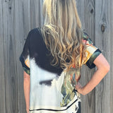 Made in Italy Satin Collared Village Print Blouse in black at ooh la la! in Grapevine TX 76051