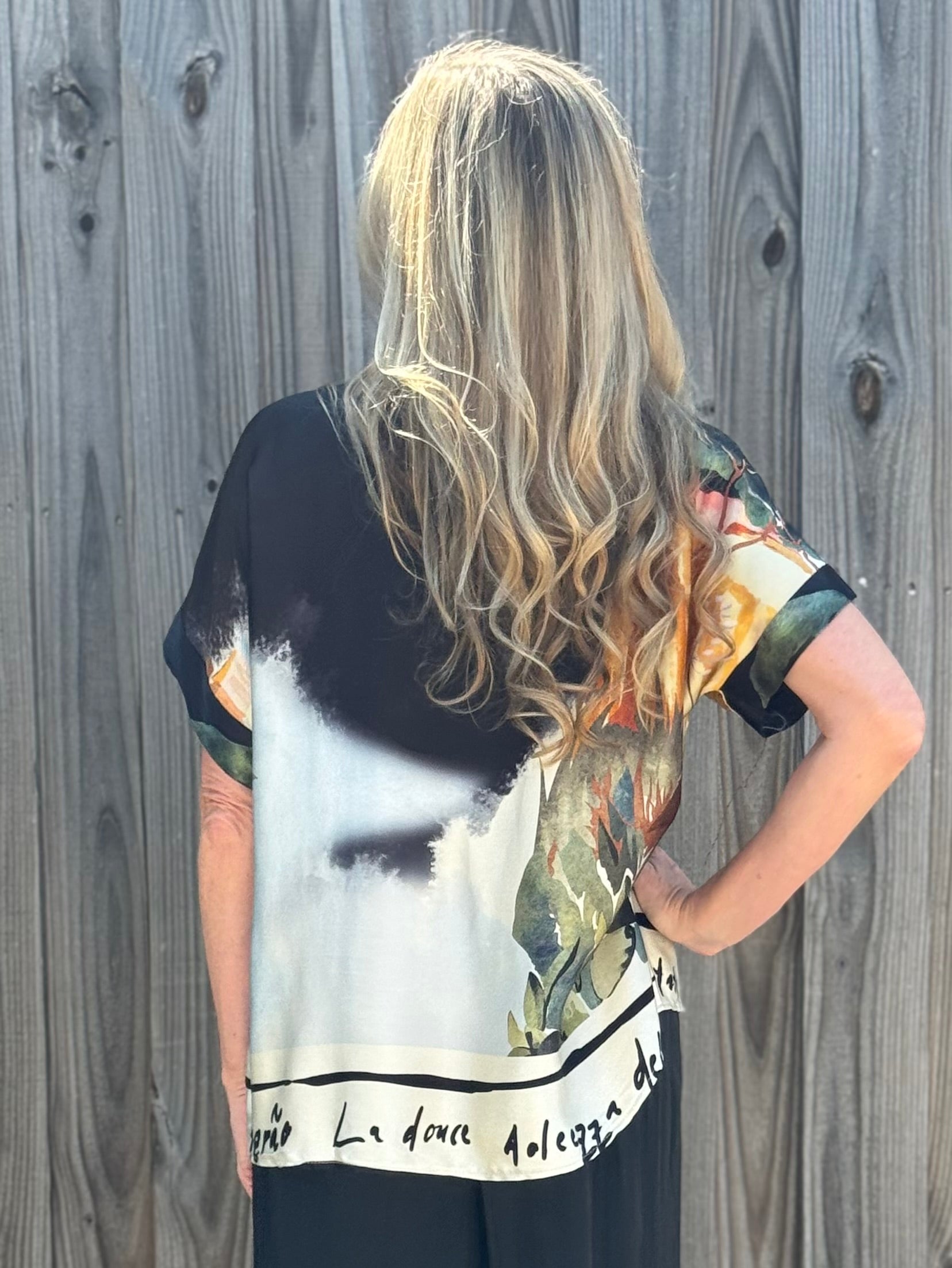 Made in Italy Satin Collared Village Print Blouse in black at ooh la la! in Grapevine TX 76051