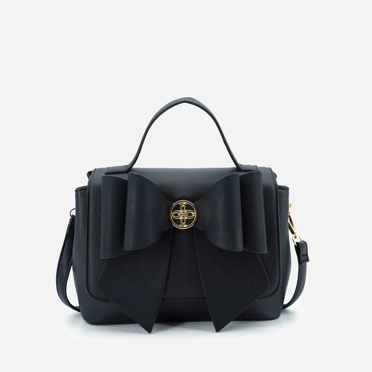 Vegan leather crossbody in black, bow satchel bag, designer vegan handbags, women's spring purses, bow front handbag, gold hardware crossbody, eco-friendly satchel, Zoey bag.
ooh la la! in Grapevine TX 76051