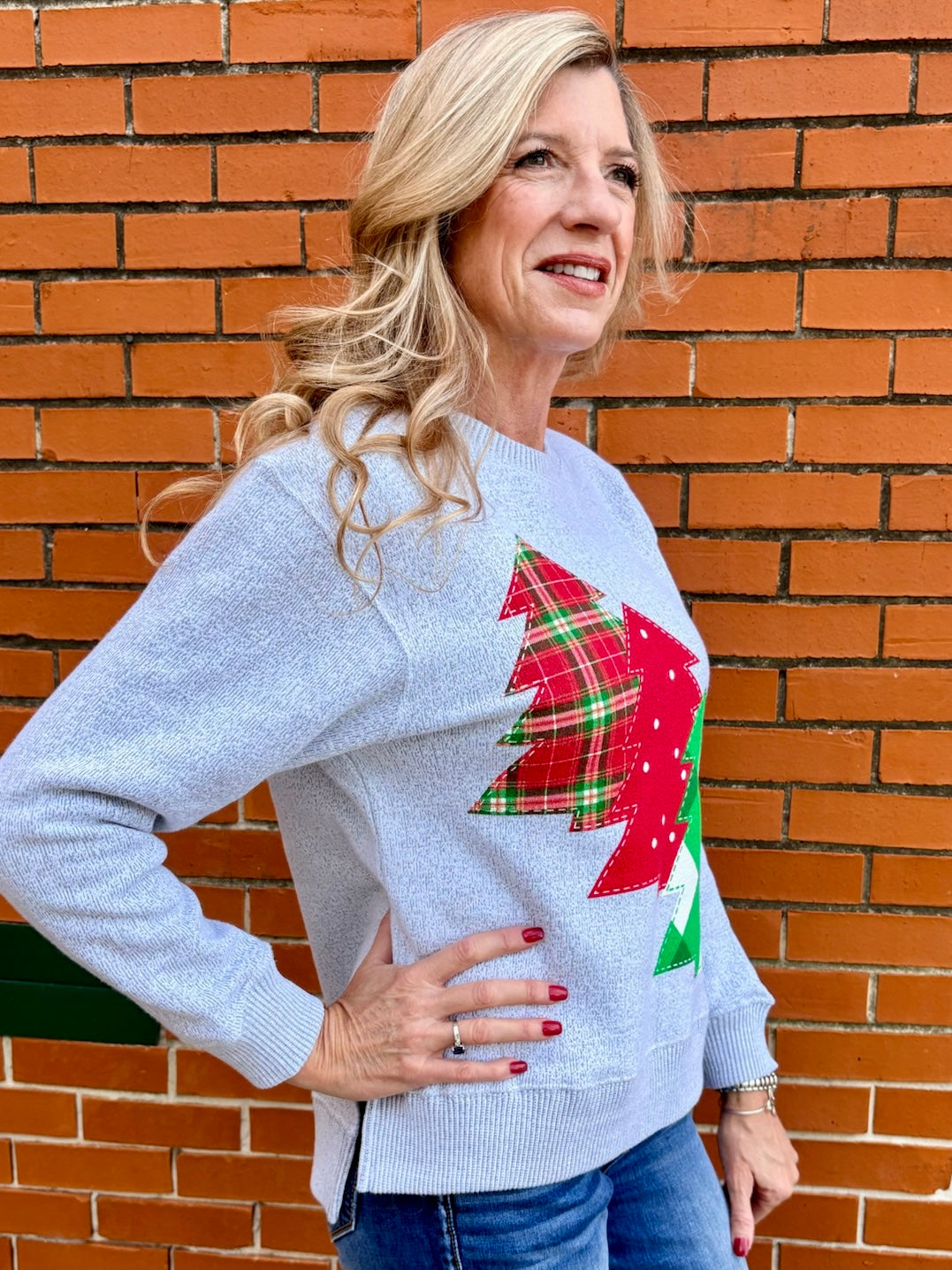 Christmas Three Trees Oversized Hi Lo Sweatshirt in oatmeal at ooh la la! In Grapevine TX 76051