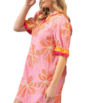 Embroidered floral dress, pink shift dress, summer vacation outfit, boutique floral dress, oversized embroidery, puff sleeve summer dress, resort wear for women, designer style shift dress. at ooh la la! in Grapevine TX 76051